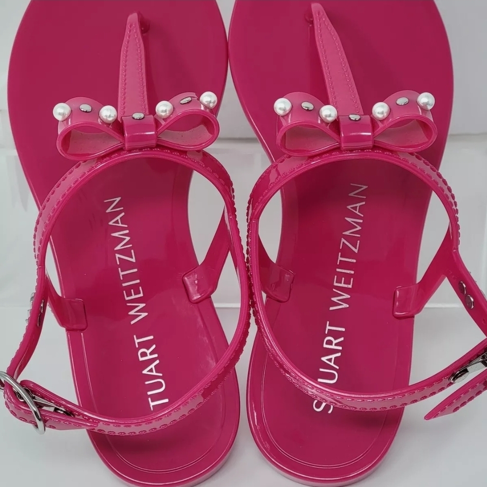 Stuart Weitzman Pink Sandals with Bow and Pearl Detail